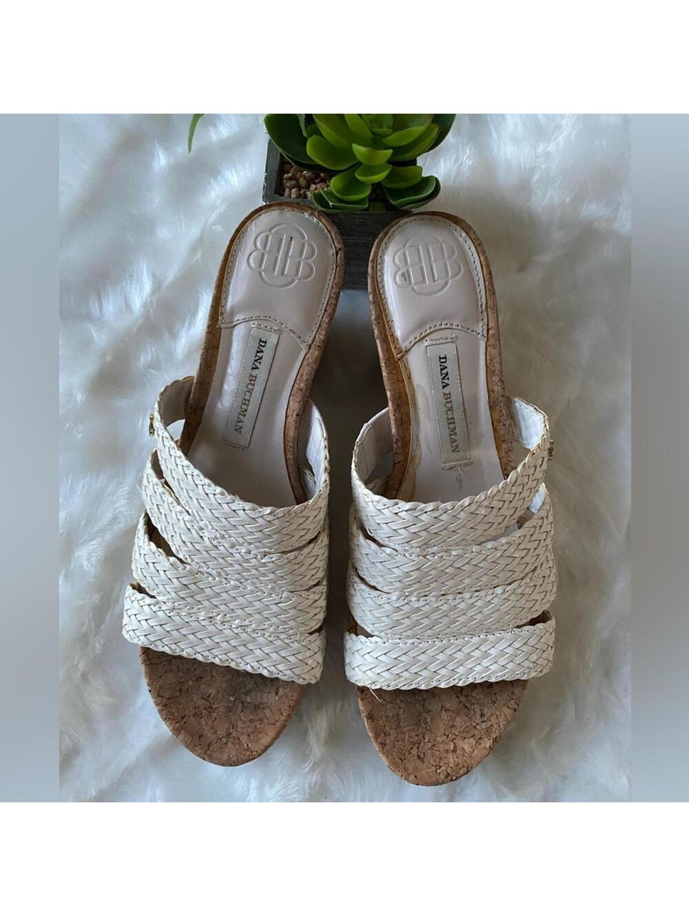 Dana Buchman Women's Wedge Sandals White Braided Straps Cork Heel Size 9